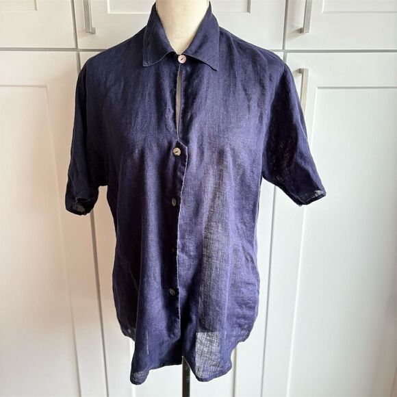 Diana Slavin Blue Short Sleeve Button-Up Shirt Size 2 Semi Sheer Linen Oversized - Picture 6 of 7